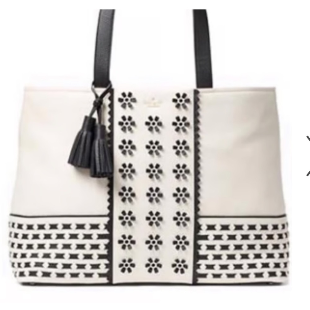 kate spade White and Black Floral Cutout Tote with Tassel